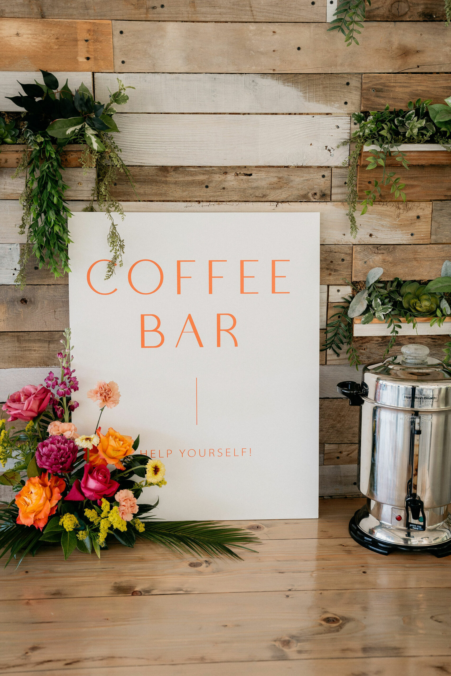 Wedding Coffee Bar with Floral Arrangement
