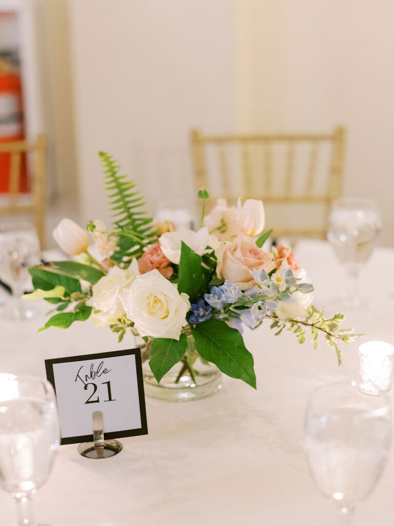 Low floral arrangement on a guest table