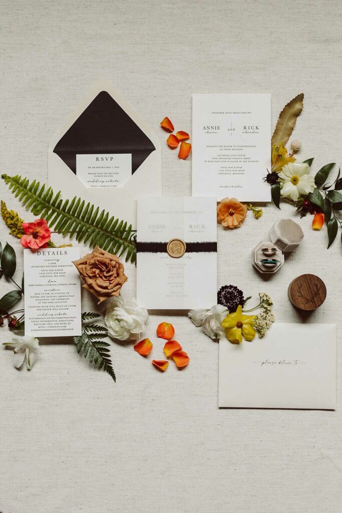 Aerial photo of wedding invitation elements, rings, and florals