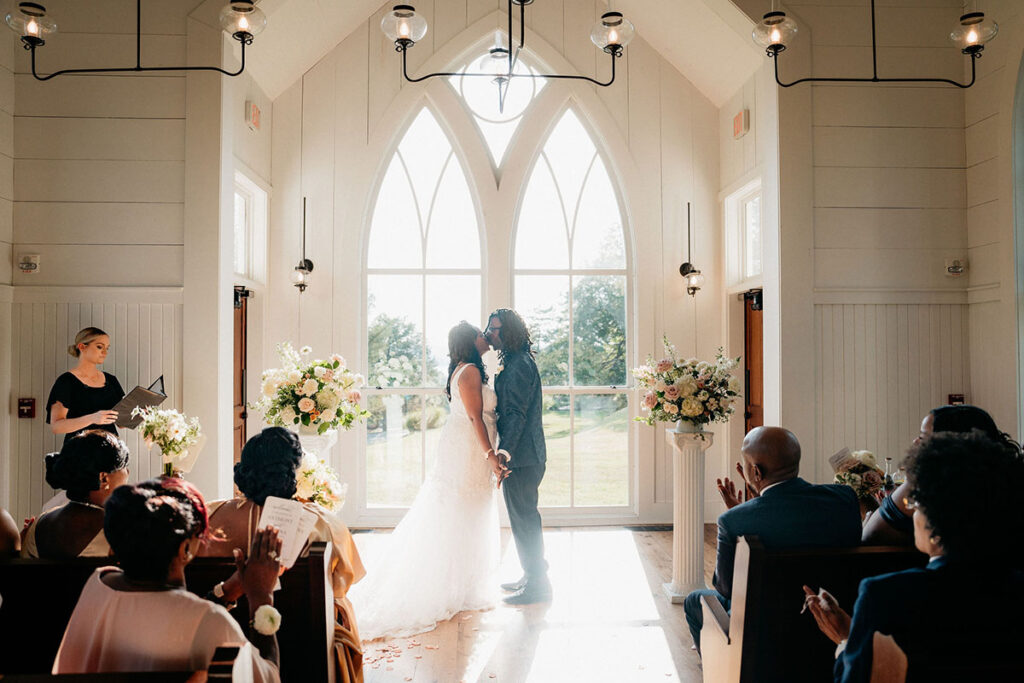 First kiss as newly weds in the Garden Chapel during the ceremony